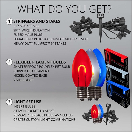 C9 Red White & Blue FlexFilament TM LED Shatterproof Patriotic Pathway Lights, 15 Lights, 5 Inch PathPRO Stakes, 15'