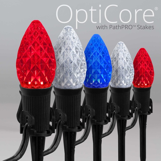 C7 Red / White / Blue OptiCore LED Pathway Lights, 75 Lights, 75', 5 Inch PathPRO Stakes