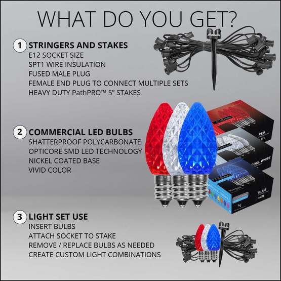 C7 Red / White / Blue OptiCore LED Pathway Lights, 75 Lights, 75', 5 Inch PathPRO Stakes