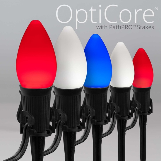 C7 Red / White / Blue Smooth OptiCore LED Pathway Lights, 75 Lights, 75', 5 Inch PathPRO Stakes