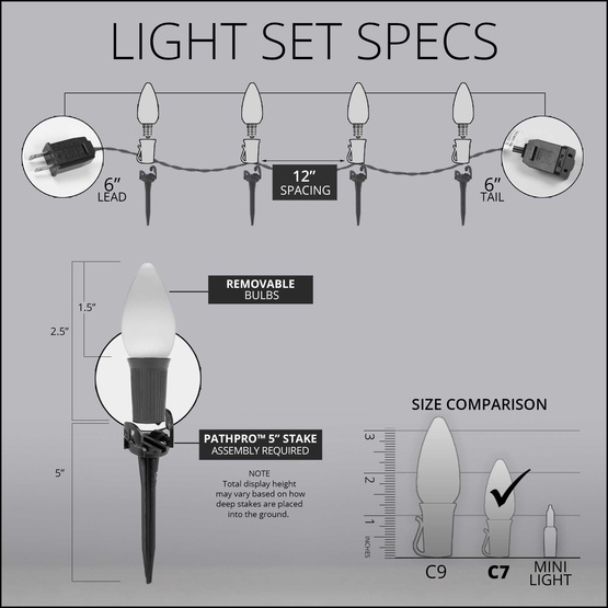 C7 Red / White / Blue Smooth OptiCore LED Pathway Lights, 75 Lights, 75', 5 Inch PathPRO Stakes