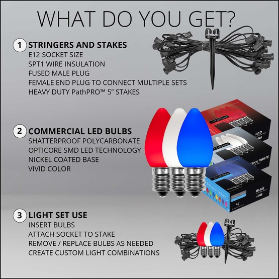 C7 Red / White / Blue Smooth OptiCore LED Pathway Lights, 75 Lights, 75', 5 Inch PathPRO Stakes