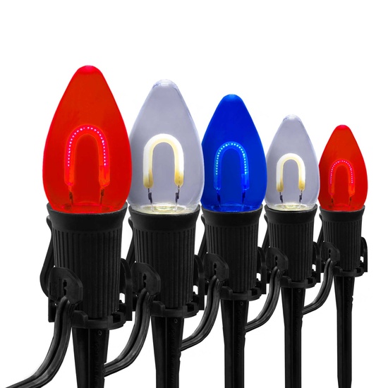 C7 Red White & Blue FlexFilament TM LED Shatterproof Patriotic Pathway Lights, 15 Lights, 5 Inch PathPRO Stakes, 15'