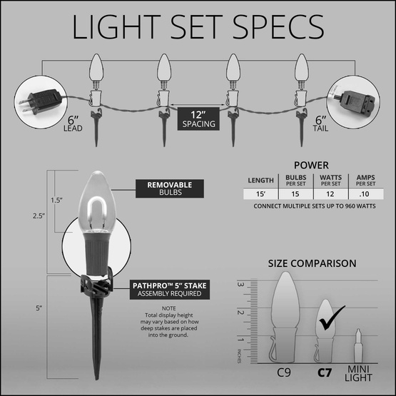 C7 Red White & Blue FlexFilament TM LED Shatterproof Patriotic Pathway Lights, 15 Lights, 5 Inch PathPRO Stakes, 15'