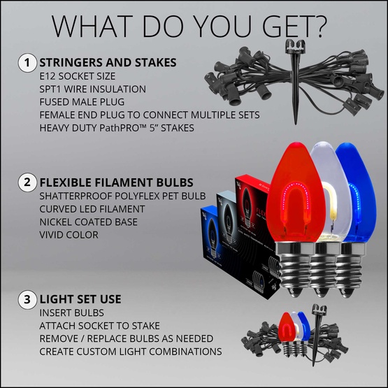 C7 Red White & Blue FlexFilament TM LED Shatterproof Patriotic Pathway Lights, 15 Lights, 5 Inch PathPRO Stakes, 15'