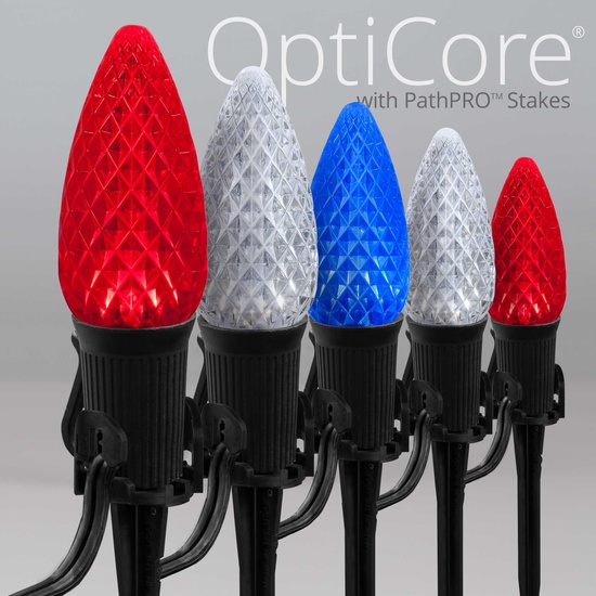 C9 Red / White / Blue OptiCore LED Pathway Lights, 75 Lights, 75', 5 Inch PathPRO Stakes