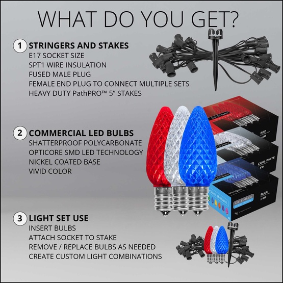 C9 Red / White / Blue OptiCore LED Pathway Lights, 75 Lights, 75', 5 Inch PathPRO Stakes