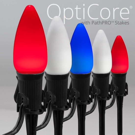 C9 Red / White / Blue Smooth OptiCore LED Pathway Lights, 75 Lights, 75', 5 Inch PathPRO Stakes