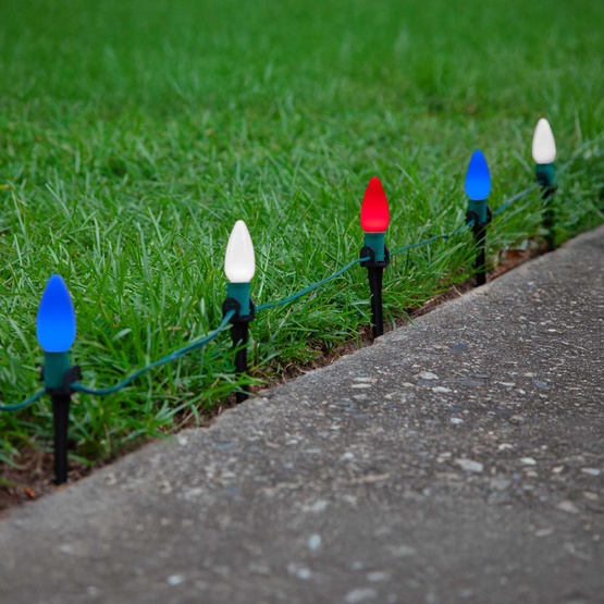 C9 Red / White / Blue Smooth OptiCore LED Pathway Lights, 75 Lights, 75', 5 Inch PathPRO Stakes
