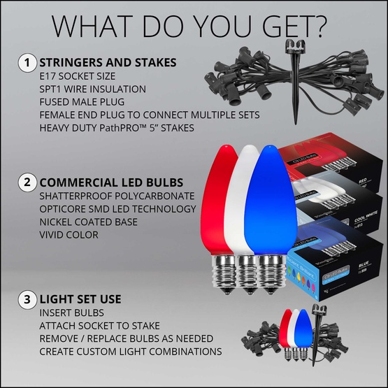 C9 Red / White / Blue Smooth OptiCore LED Pathway Lights, 75 Lights, 75', 5 Inch PathPRO Stakes