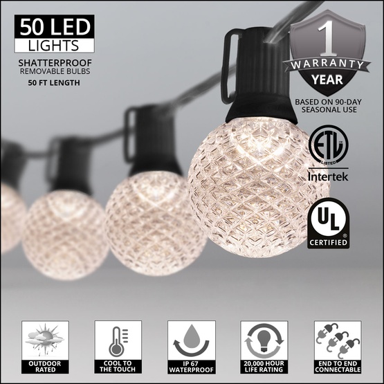 50' G50 Warm White OptiCore LED Globe String Lights, E12 Base, Black Wire