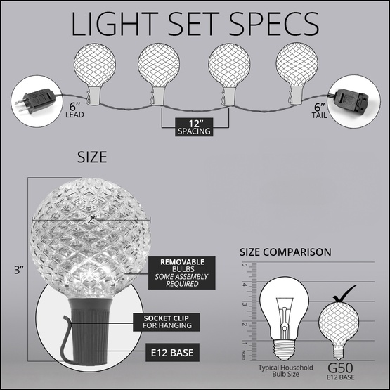 25' G50 Warm White OptiCore LED Globe String Lights, E12 Base, Black Wire