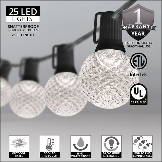 25' G50 Cool White OptiCore LED Globe String Lights, E17 Base, Black Wire