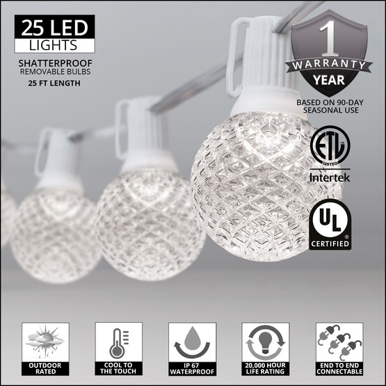 25' G50 Cool White OptiCore LED Globe String Lights, E12 Base, White Wire