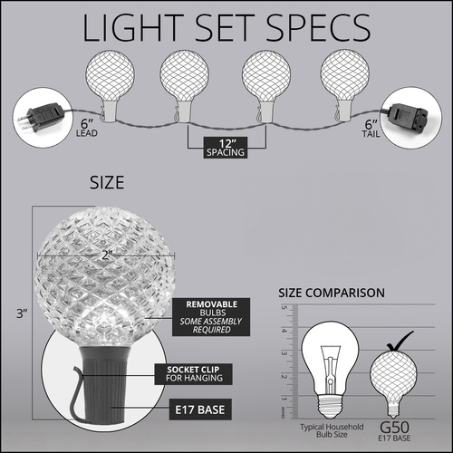 25' G50 Warm White OptiCore LED Globe String Lights, E17 Base, Black Wire