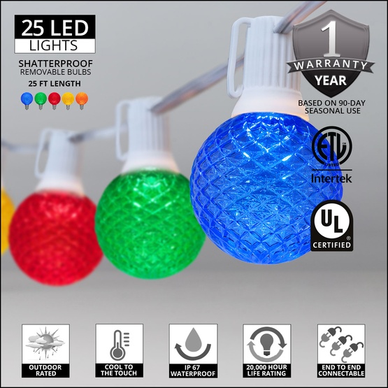 25' G50 Multicolor OptiCore LED Outdoor Party Lights, E12 Base, White Wire