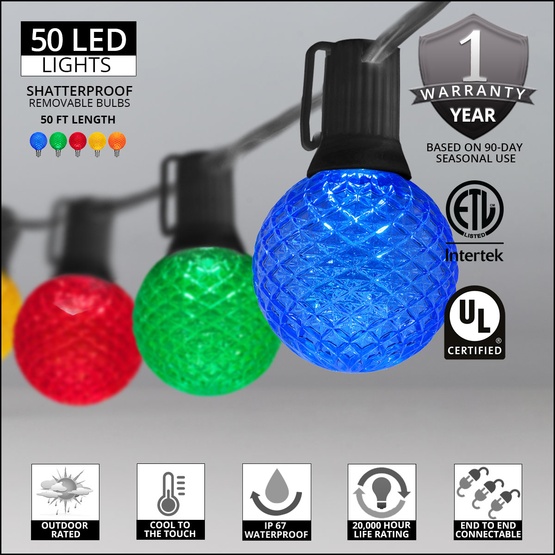 50' G50 Multicolor OptiCore LED Outdoor Party Lights, E12 Base, Black Wire