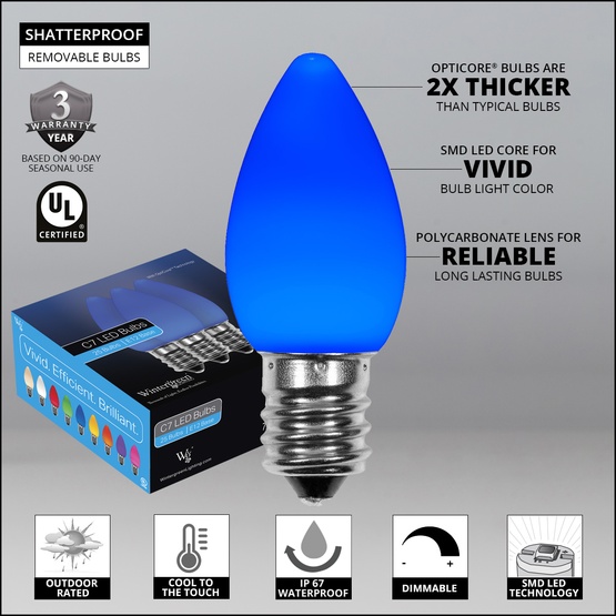 C7 Blue Smooth OptiCore LED Christmas Light Bulbs