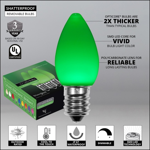 C7 Green Smooth OptiCore Commercial LED Christmas String Lights, 25 Lights, 25'