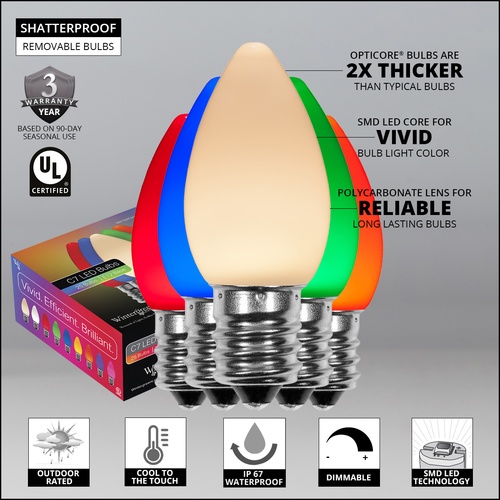C7 Multicolor Smooth OptiCore LED Christmas Light Bulbs
