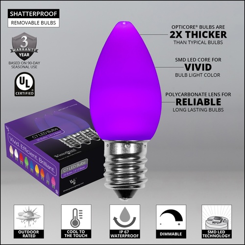 C7 Purple Smooth OptiCore Commercial LED Halloween String Lights Christmas String Lights, 25 Lights, 25'