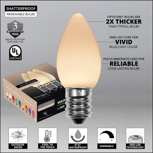 C7 Warm White Smooth OptiCore Commercial LED Christmas String Lights, 25 Lights, 25'