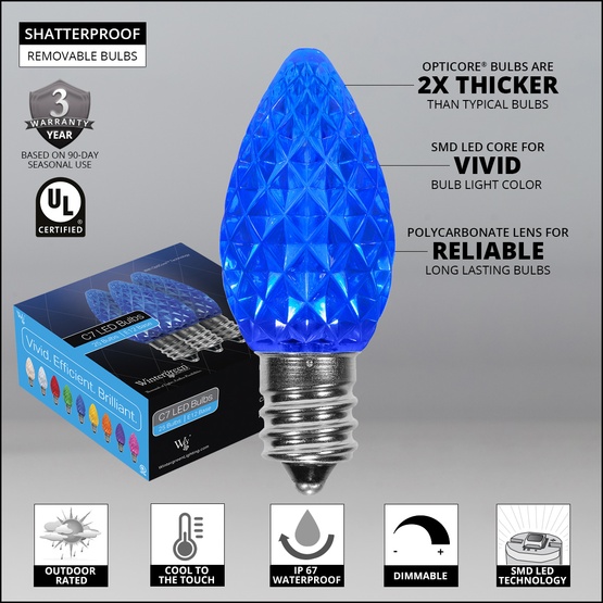 C7 Blue OptiCore Commercial LED Christmas String Lights, 25 Lights, 25'