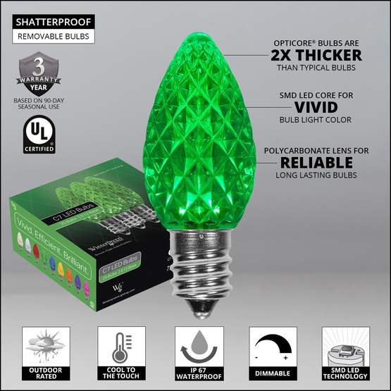 C7 Green OptiCore LED Christmas Light Bulbs