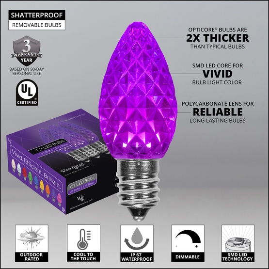 C7 Purple OptiCore Commercial LED Halloween String Lights, 25 Lights, 25'
