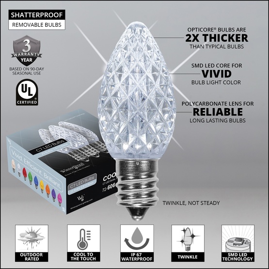C7 Twinkle Cool White OptiCore LED Christmas Light Bulbs
