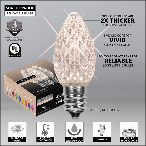 C7 Twinkle Warm White OptiCore LED Christmas Light Bulbs