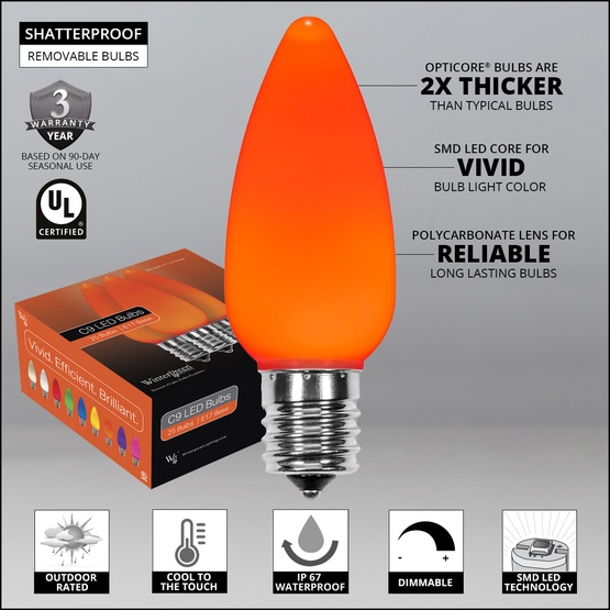 C9 Amber / Orange Smooth OptiCore LED Christmas Light Bulbs
