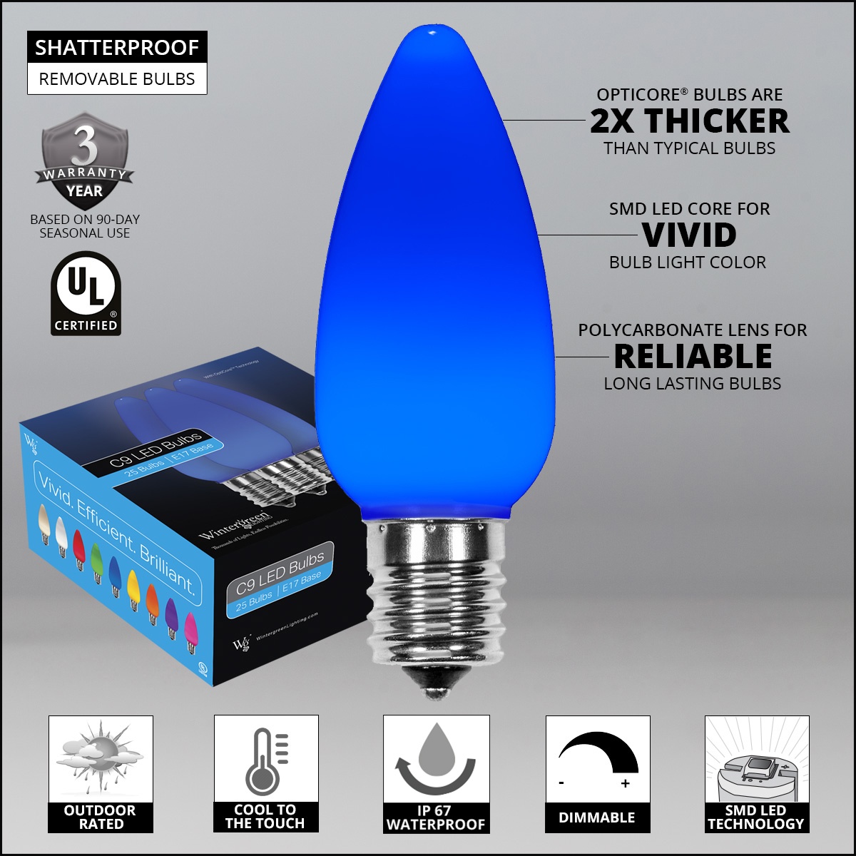 C9 Dimmable LED Replacement Lights - C9 Blue Smooth OptiCore LED