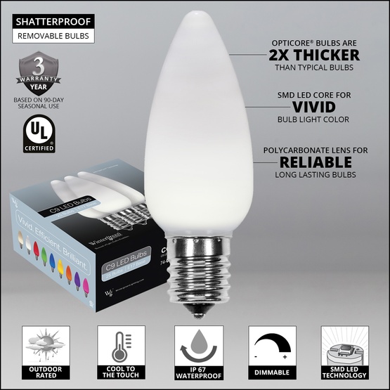 C9 Cool White Smooth OptiCore Commercial LED Christmas String Lights, 25 Lights, 25'