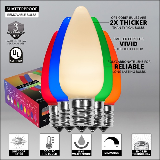 C9 Multicolor Smooth OptiCore LED Christmas Light Bulbs
