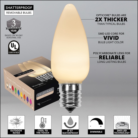 C9 Warm White Smooth OptiCore Commercial LED Christmas String Lights, 25 Lights, 25'