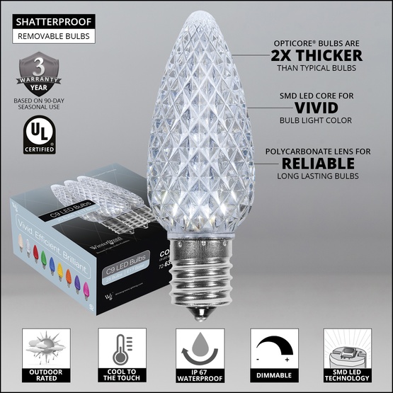 C9 Cool White OptiCore LED Christmas Light Bulbs, Box of 25