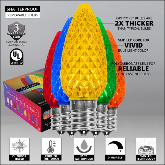 C9 Multicolor OptiCore LED Christmas Light Bulbs, Box of 25