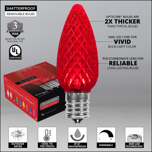C9 Red OptiCore Commercial LED Christmas String Lights, 25 Lights, 25'