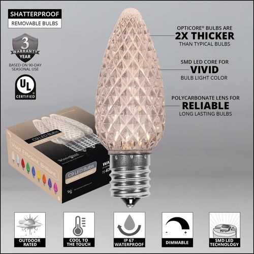 C9 Warm White OptiCore LED Christmas Light Bulbs, Box of 25