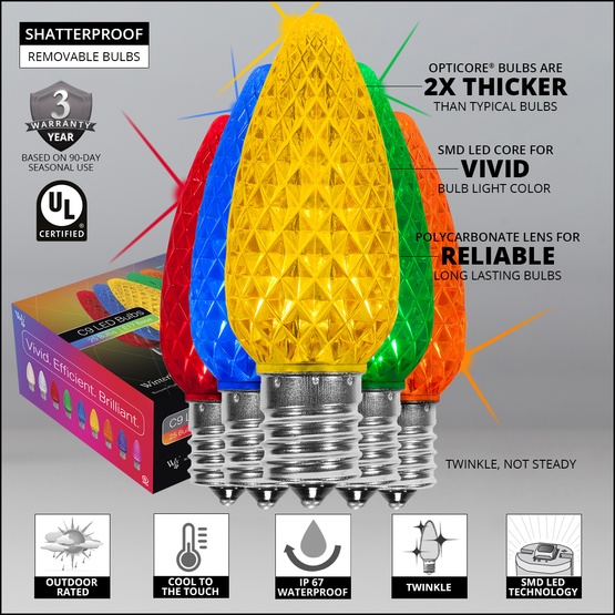 C9 Multicolor Twinkle OptiCore Commercial LED Christmas String Lights, 25 Lights, 25'