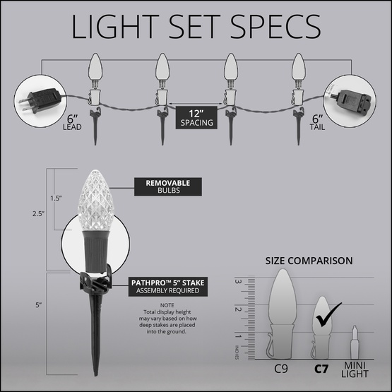 C7 Green OptiCore LED Christmas Pathway Lights, 25 Lights, 25', 5 Inch PathPRO Stakes