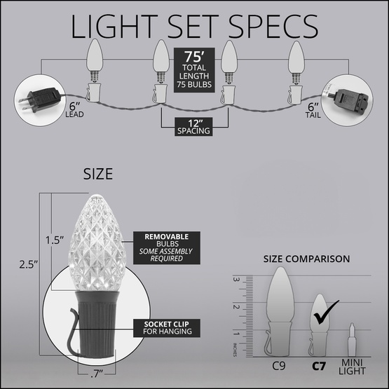 75' White Patio String Light Set with 75 C7 Red, White and Blue OptiCore LED Light Bulbs, E12 Bulbs