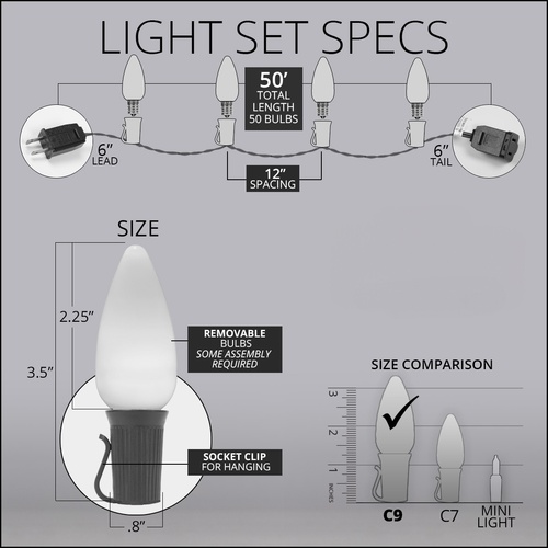 C9 Red / Warm White Smooth OptiCore Commercial LED Christmas String Lights, 50 Lights, 50'
