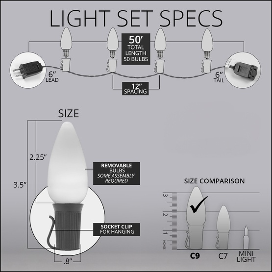 C9 Blue / Cool White Smooth OptiCore Commercial LED Christmas String Lights, 50 Lights, 50'