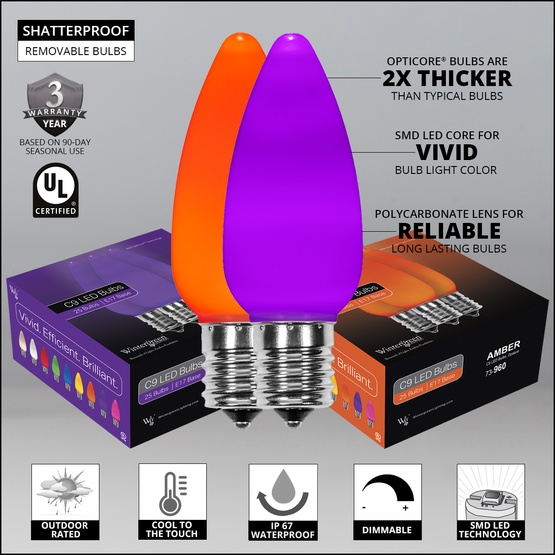 C9 Amber / Purple Smooth OptiCore Commercial LED Halloween String Lights, 50 Lights, 50'