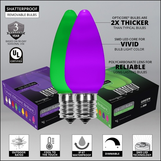 C9 Green / Purple Smooth OptiCore Commercial LED Halloween String Lights, 50 Lights, 50'