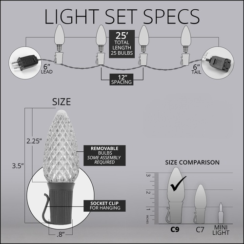 C9 Red OptiCore Commercial LED Christmas String Lights, 25 Lights, 25'