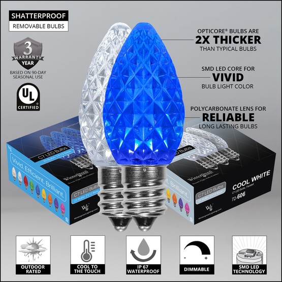 C7 Blue / Cool White OptiCore Commercial LED Christmas String Lights, 50 Lights, 50'