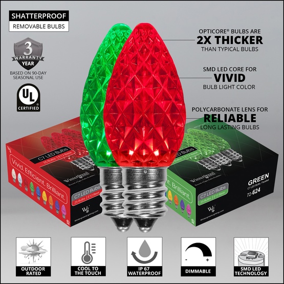 C7 Green / Red OptiCore Commercial LED Christmas String Lights, 50 Lights, 50'